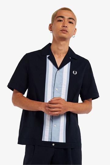 Navy Fred Perry Striped Panel Bowling Men's Shirts | PH 1540PJJQ